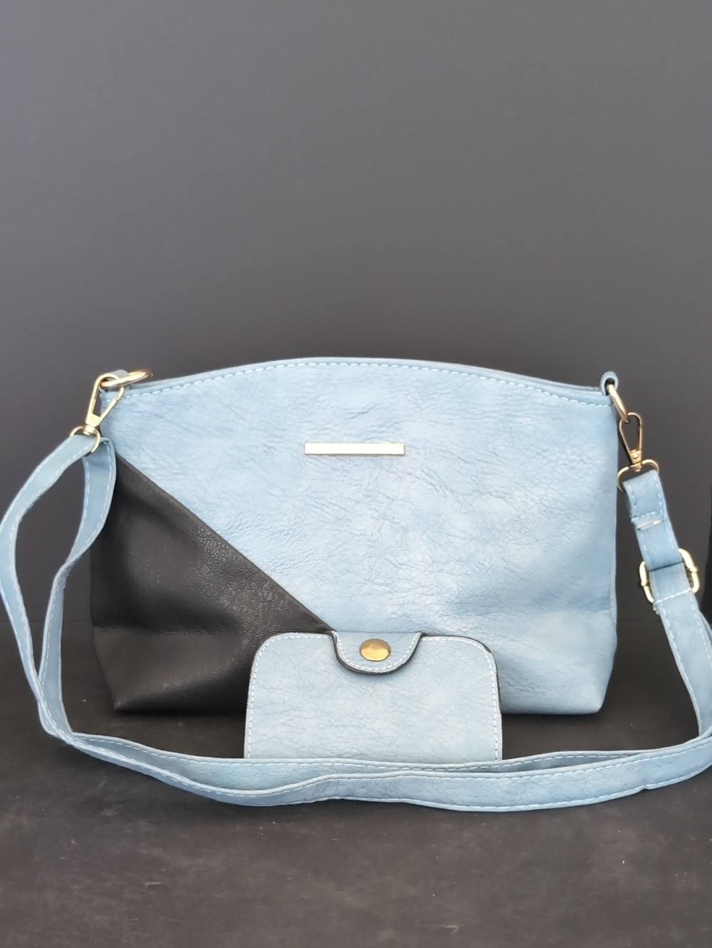 Susen Leather Collection  Blue/Black Patch Work Crossbody Bag with Mini Wallet.